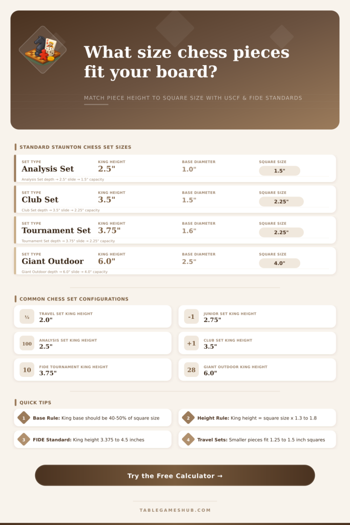 Chess Piece Size Calculator | USCF & FIDE Guide