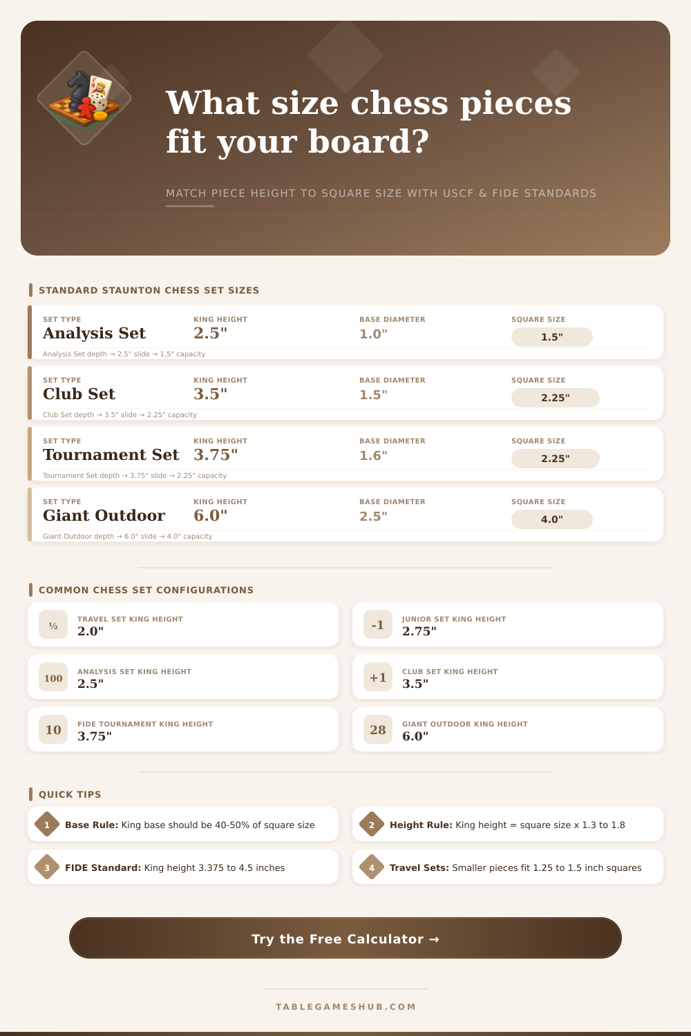 Chess Piece Size Calculator | USCF & FIDE Guide