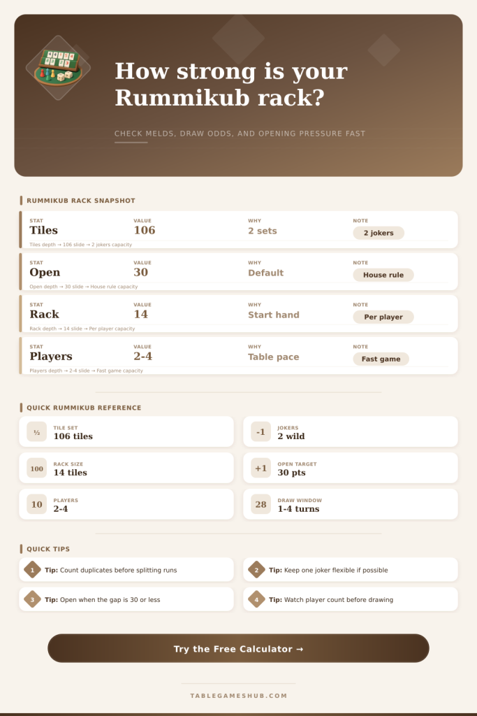 Rummikub Calculator for Melds, Draw Odds, and Rack Score