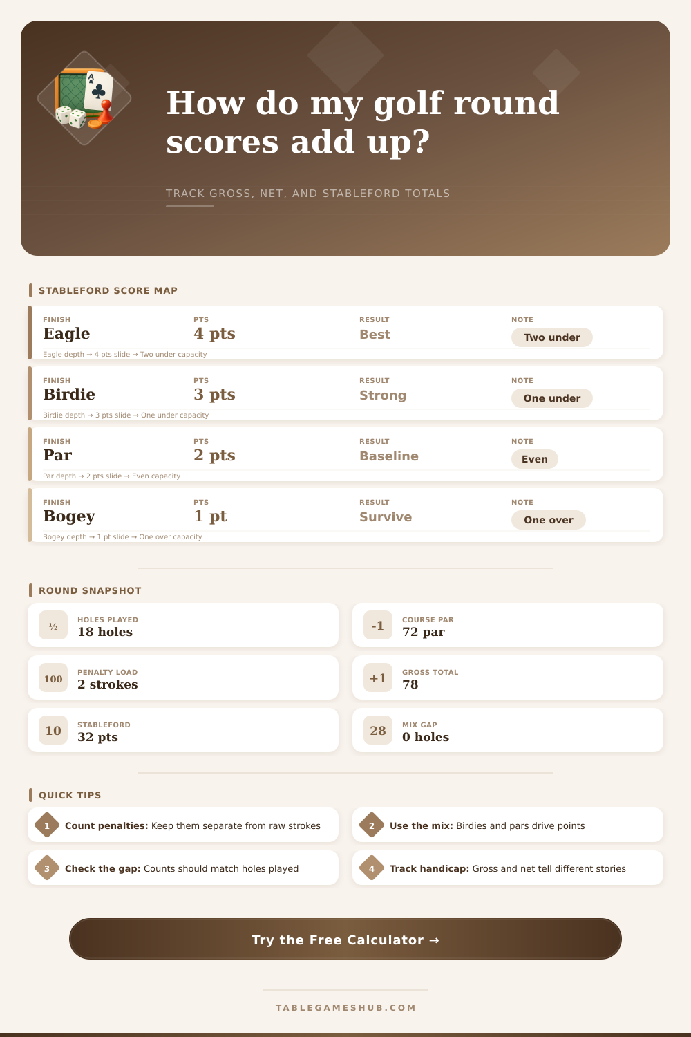 Golf Score Calculator for Gross, Net, and Stableford