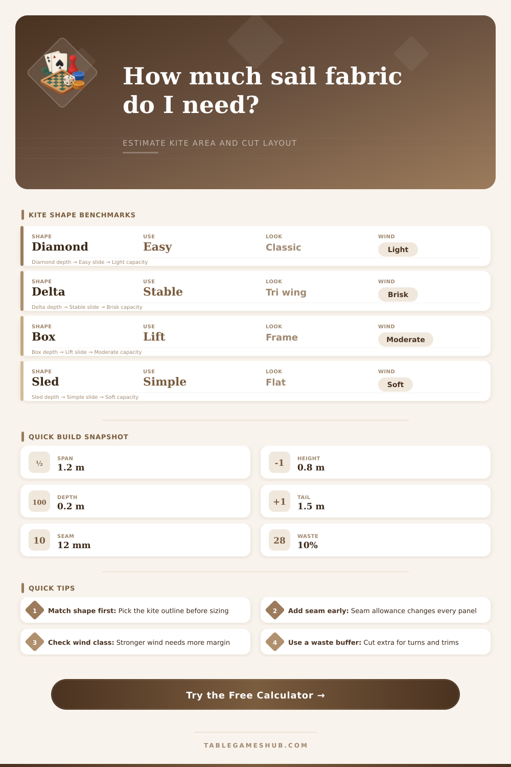 Kite Area Calculator for Sail Fabric Layout