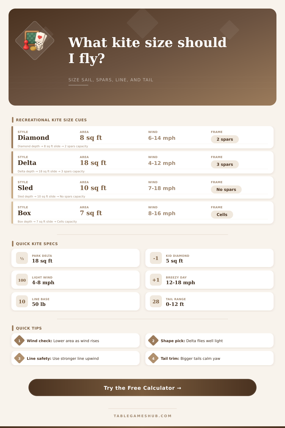 Kite Size Calculator for Sail and Frame Sizing