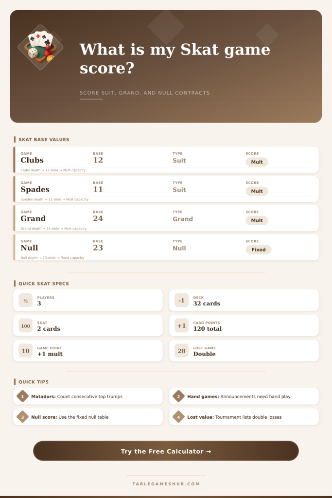 Skat Score Calculator for Suit, Grand, and Null Games