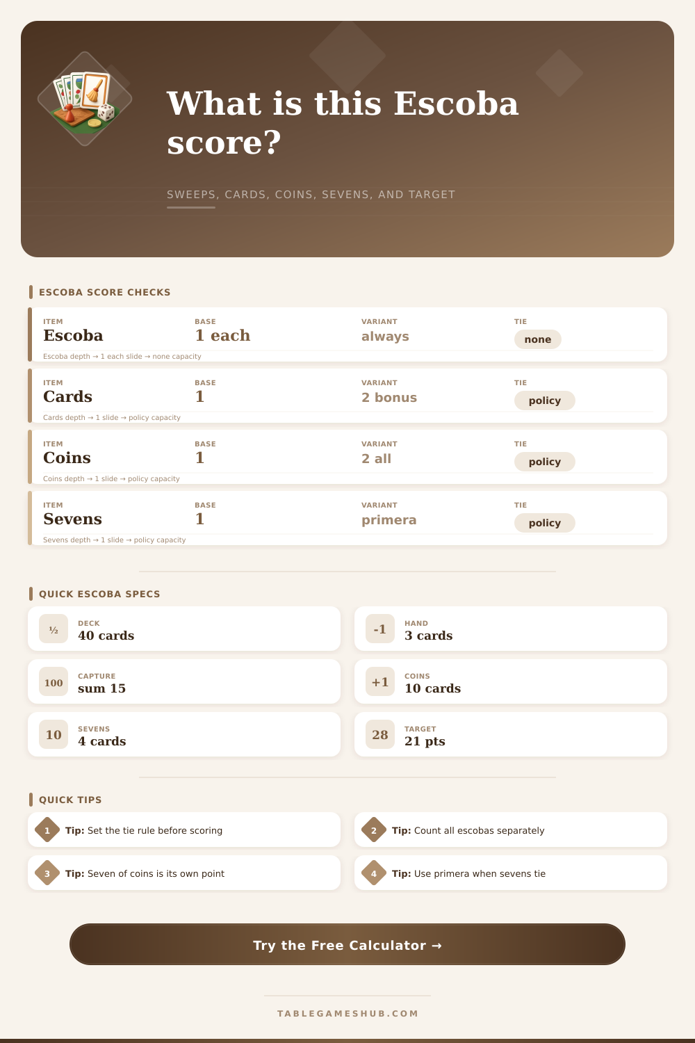 Escoba Score Calculator for Hand Totals